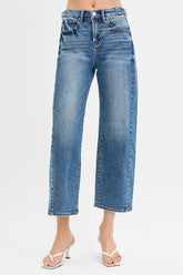 RISEN High Rise Crop Length Barrel Adjustable Waist Band Jeans DARK OutfitFlow