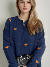 Heart Round Neck Zip Up Cardigan Dark Blue One Size OutfitFlow
