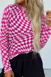 Checkered Mock Neck Long Sleeve Blouse Hot Pink OutfitFlow