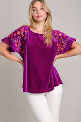 Umgee Full Size Velvet Embroidery Short Sleeve Blouse Violet OutfitFlow