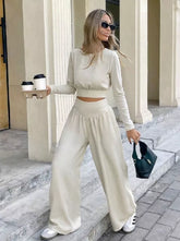Long Sleeve Crop Top and Wide Leg Pants Set Cream OutfitFlow