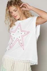 POL Star Patch Studded Sleeveless T-Shirt with Lace Hem White OutfitFlow