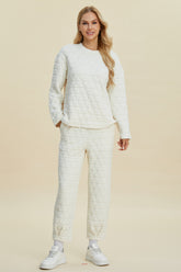 Double Take Full Size Texture Round Neck Long Sleeve Top and Pants Set Beige OutfitFlow