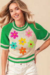 BiBi Crochet Flower Patches Striped Rib Band Sweater JADE OutfitFlow