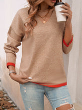 Devine Contrast Trim V-Neck Dropped Shoulder Sweater Tan OutfitFlow