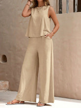 Round Neck Sleeveless Top and Wide Leg Pants Set Beige OutfitFlow
