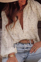 Frill Lace Detail Printed Tie Neck Long Sleeve Blouse White OutfitFlow