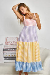 BiBi Color Block Tiered Gingham Dress YELLO SAGE BLUE PURP OutfitFlow
