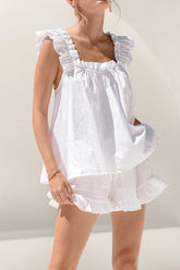 Ruffled Square Neck Top and Shorts Set White OutfitFlow