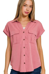 Zenana Tencel V-neck Collared Top W Front Flap Pockets DUSTY ROSE OutfitFlow