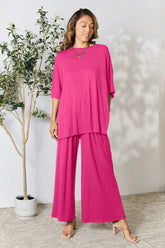 Double Take Full Size Round Neck Slit Top and Pants Set Hot Pink OutfitFlow