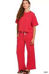 Zenana Raised Rib Short Sleeve Tee & Pants Set RUBY OutfitFlow