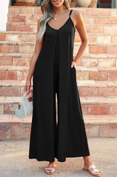 V-Neck Spaghetti Strap Jumpsuit Black OutfitFlow