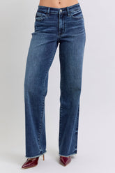Judy Blue Full Size Raw Hem Mid Rise Jeans Dark OutfitFlow