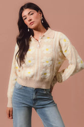 SO ME Floral Stripe Polo Collar Sweater OATMEAL IVORY OutfitFlow