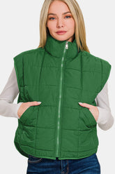 Zenana Zip Up Cropped Puffer Vest with Pockets Dk Green OutfitFlow