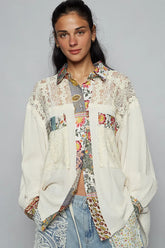 POL Lace Patchwork Floral Trim Long Sleeve Shirt Ivory OutfitFlow