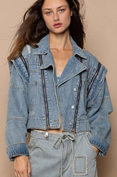 POL Cropped Denim Jacket with Functional Zipper Detail Dusty Blue OutfitFlow