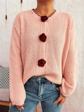 Flower Button Long Sleeve Cardigan Pink One Size OutfitFlow