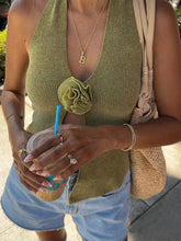 V-Neck Ribbed Knit Sweater Vest with Flower Detail Moss OutfitFlow