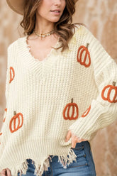 Raw Hem Pumpkin V-Neck Long Sleeve Sweater Beige OutfitFlow