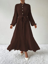 Half Button Tie Waist Long Sleeve Maxi Dress Chocolate OutfitFlow
