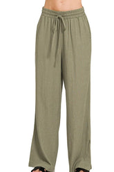 Zenana Linen Drawstring Pants LT OLIVE OutfitFlow