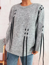 Round Neck Long Sleeve Sweater with Ribbon Details Gray One Size OutfitFlow
