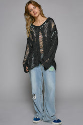 POL Distressed Dropped Shoulder Long Sleeve Knit Top Black OutfitFlow