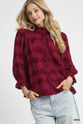 Umgee Heart Jacquard Ruffle Trim Shirt WINE OutfitFlow