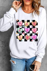 Valentine's Day Checkered Heart Long Sleeve Sweatshirt White OutfitFlow