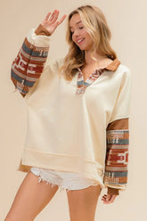 BiBi French Terry Knit and Aztec Print Mixed Top CREAM OutfitFlow
