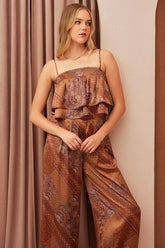 Mittoshop Paisley Patchwork Print Satin Ruffle Crop Cami HAZELNUT OutfitFlow