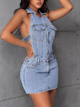 Backless Sleeveless Button Front Denim Mini Dress Blue OutfitFlow