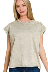 Zenana Crinkle Washed Round Neck Folded Short Sleeve Tee SLEET OutfitFlow