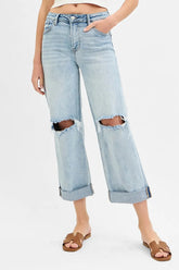 RISEN Full Size Mid Rise Fit Boyfriend Jeans with Cuff Plus Size LIGHT OutfitFlow