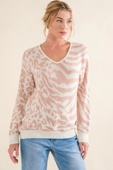 And The Why Leopard Zebra Combo Casual Sweater Top PALE PINK OutfitFlow