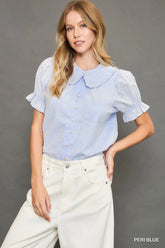 Umgee Peter Pan Collared Button Down Textured Shirt with Ruffled Detail PERI BLUE OutfitFlow