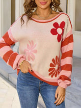 Floral Striped Sleeve Round Neck Sweater Orange Trendsi