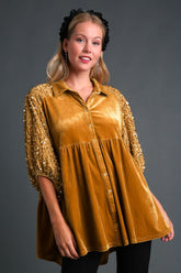 Umgee Sequin Detail Tiered Back Half Sleeve Shirt Mustard OutfitFlow