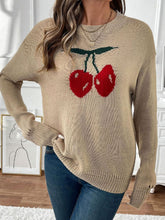 Perfee Cherry Round Neck Long Sleeve Sweater Khaki OutfitFlow