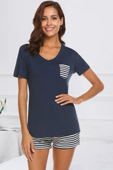 Striped Short Sleeve Top and Shorts Lounge Set Dark Blue OutfitFlow
