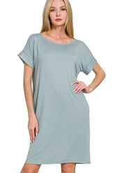 Zenana Rolled Short Sleeve Round Neck Dress BLUE GREY OutfitFlow