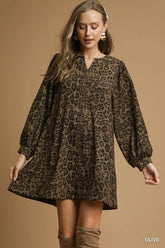 Umgee Leopard Print Long Sleeve Swing Dress Olive OutfitFlow