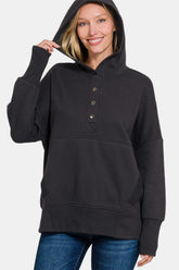Zenana Half Snap Long Sleeve Hoodie with Kangaroo Pocket Black OutfitFlow