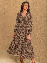 Ruched Printed V-Neck Long Sleeve Midi Dress Taupe OutfitFlow