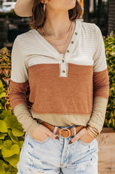 Color Block V-Neck Long Sleeve Top Camel OutfitFlow