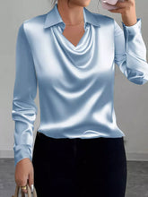 Satin Collared Neck Long Sleeve Blouse Light Blue OutfitFlow