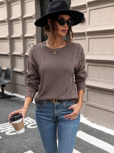 Perfee Cutout Round Neck Long Sleeve Sweater Coffee Brown OutfitFlow