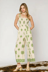 Umgee Smocked Printed Wide Leg Jumpsuit CREAM GREEN OutfitFlow